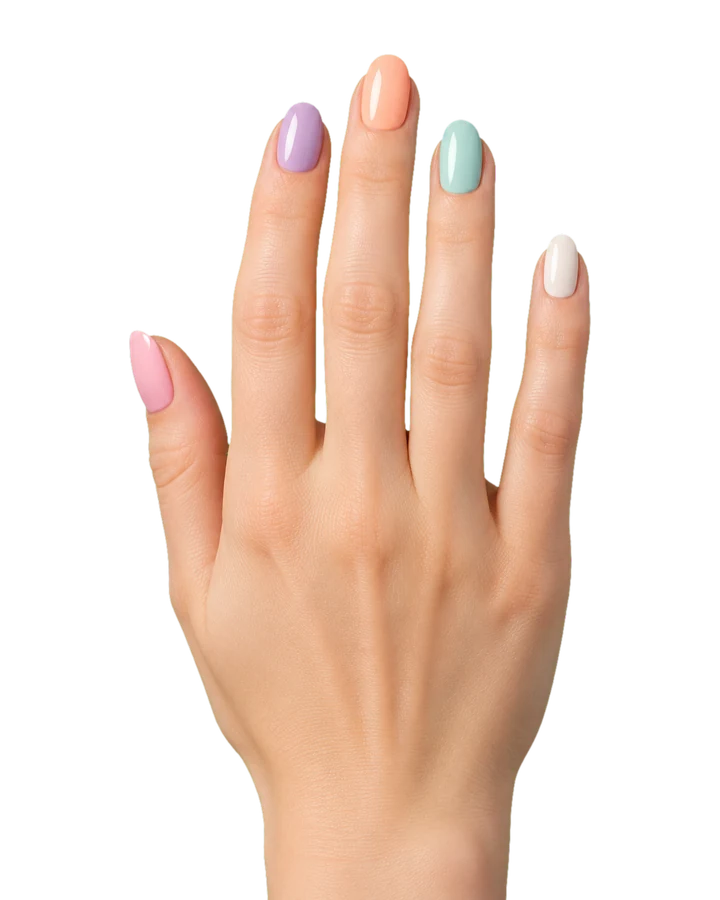 Hand mit fünf verschiedenen Pastellfarben